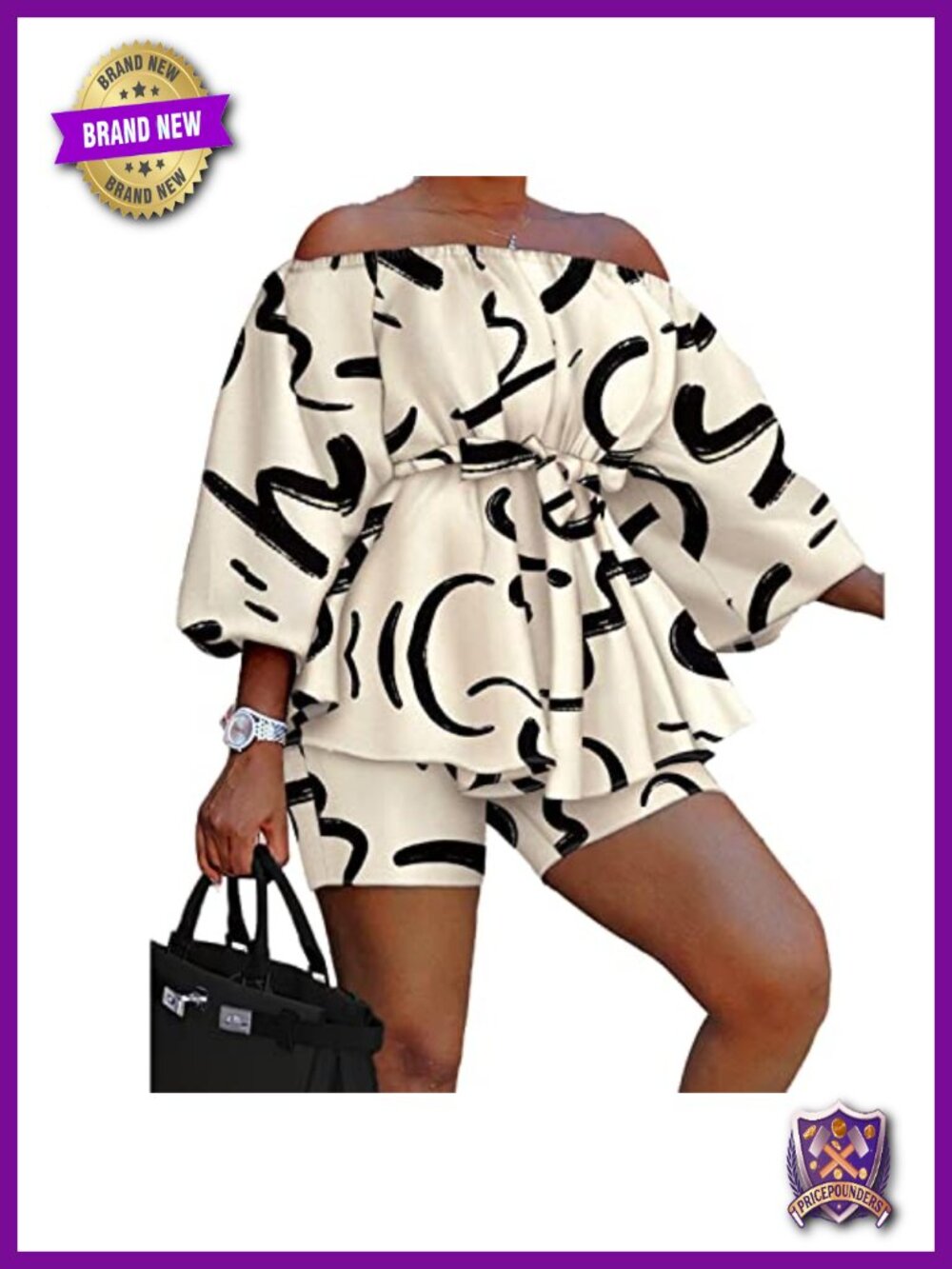 Women's Plus Size Off Shoulder Puff Sleeve Top & High Waist Shorts Set